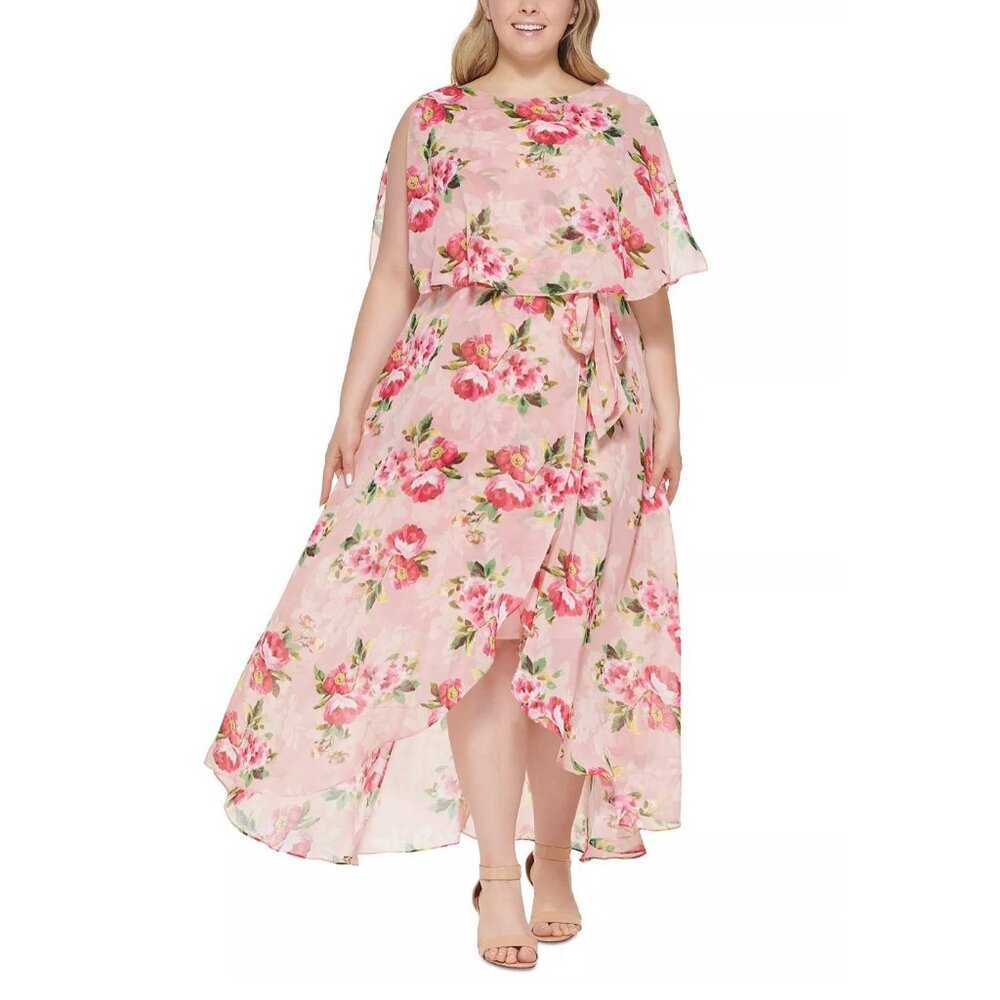 JESSICA HOWARD Plus Size Floral Popover High Low Dress Sheer Pink 16W